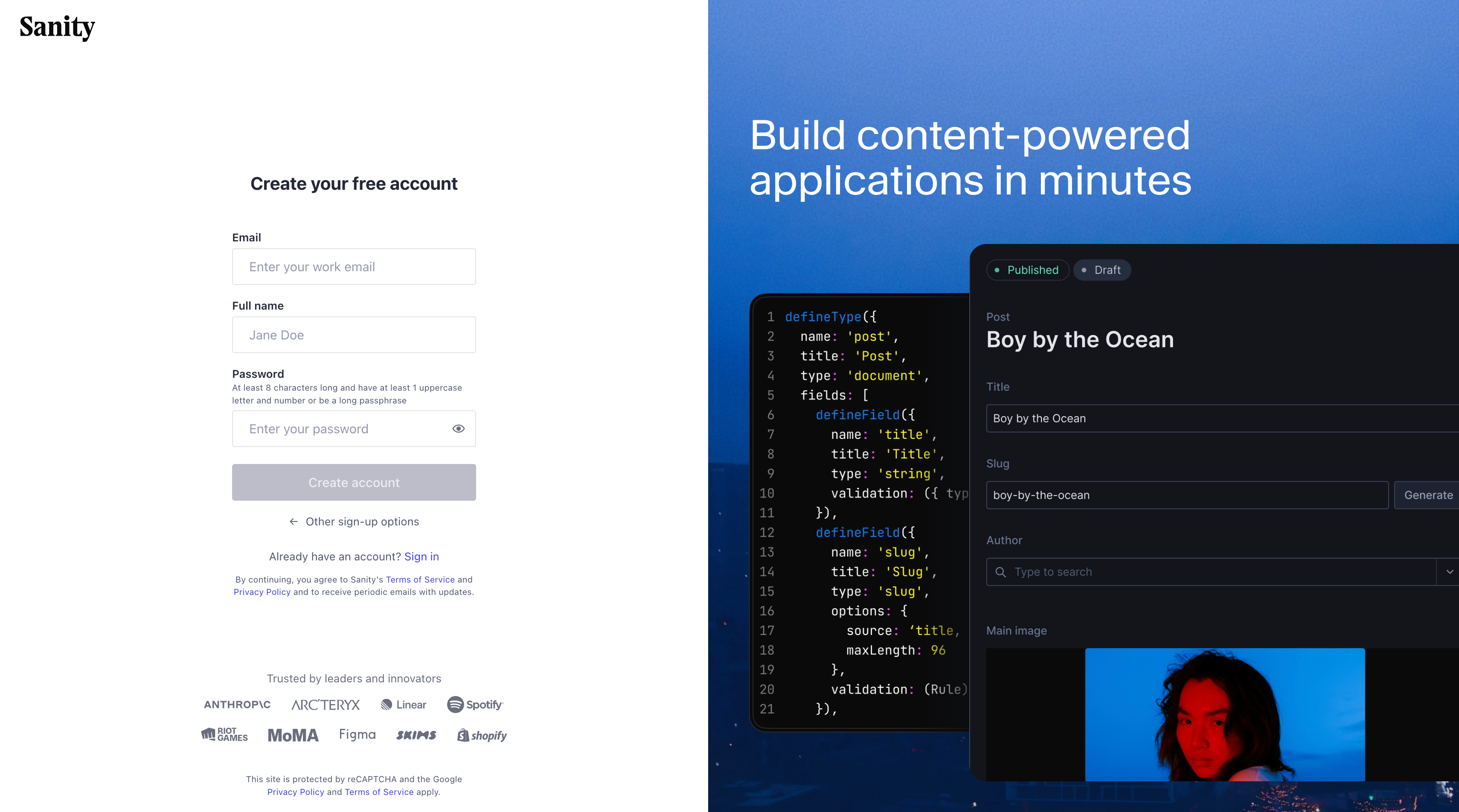 Create your free account。Email・Full name・Passwordを入力してCreate accountをクリック